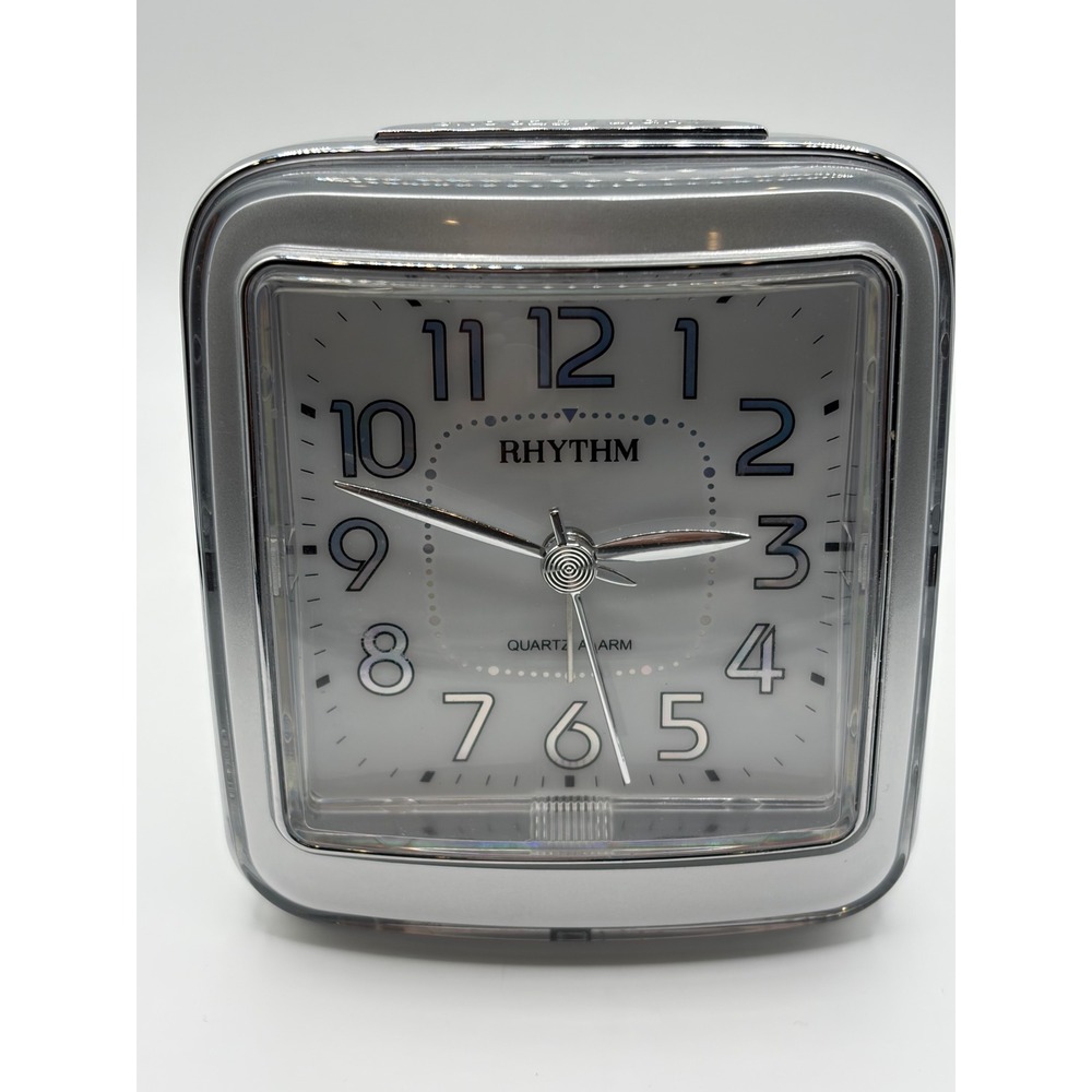 Rhythm Silver Quartz Alarm Clock Snooze Night Light Square Analog Desktop Travel
